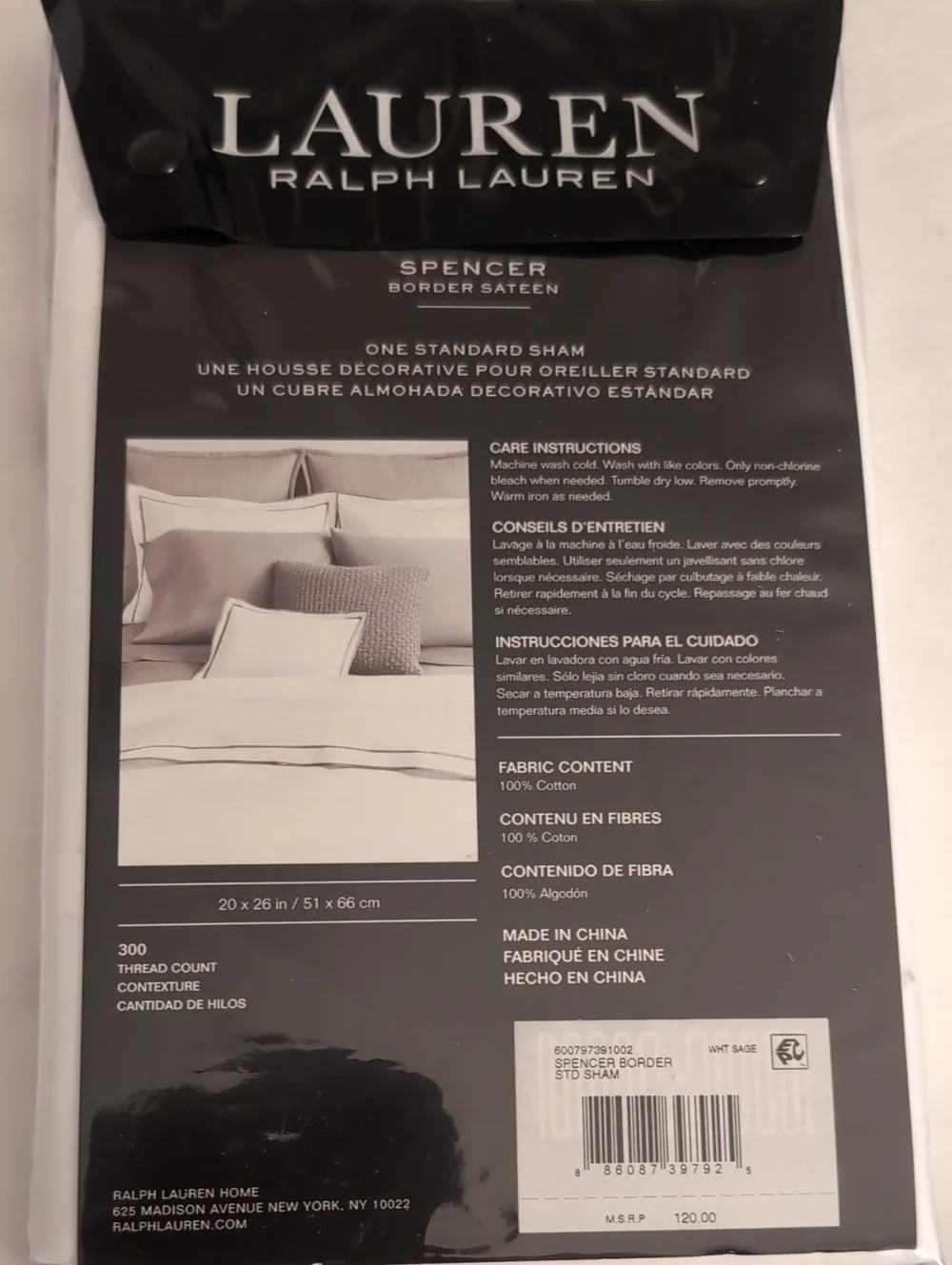 Ralph Lauren Spencer White 100% cotton Standard Sham with Soft Misty Green Trim